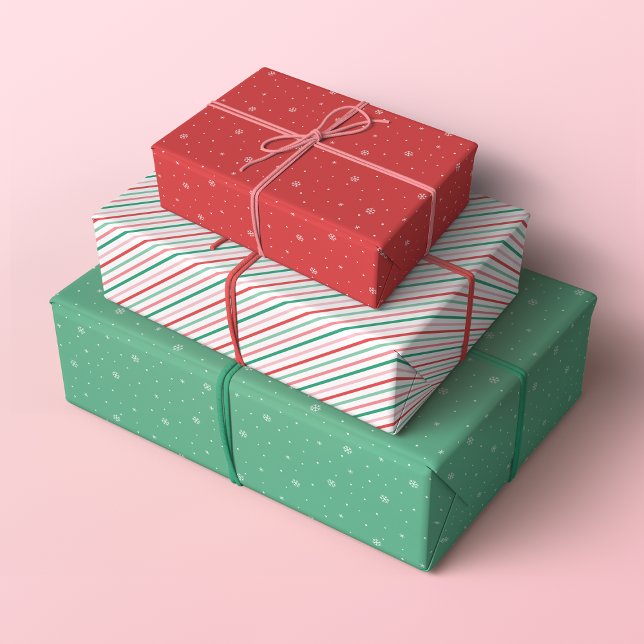 Retro Christmas Patterns in Red, Pink and Green Wrapping Paper Sheet (Set of 3 Minimalist Retro Christmas with stripes and snowflakes in red, green and pink)