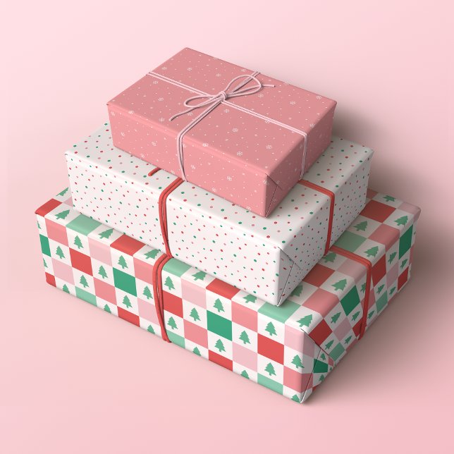 Retro Christmas Patterns in Red, Pink and Green Wrapping Paper Sheet (Set of 3 Minimalist Retro Christmas with checkers, polka dots and snowflakes in red, green and pink)