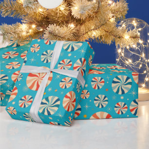 Retro Christmas Peppermint Candy Blue  Wrapping Paper