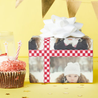 Retro Christmas Photo Collage Checkerboard Red Wrapping Paper