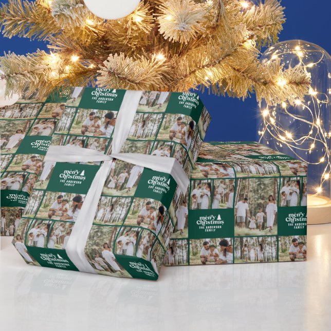 retro Christmas photo collage modern terracotta Wrapping Paper (Holidays)