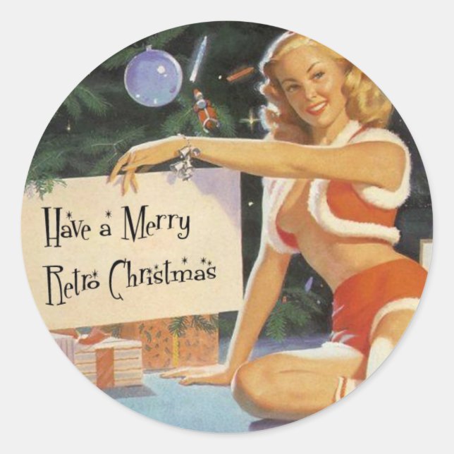 Retro Christmas Pin Up Classic Round Sticker (Front)