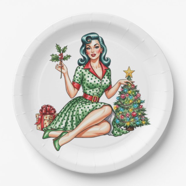 Retro Christmas Pin-Up Paper Plate (Front)