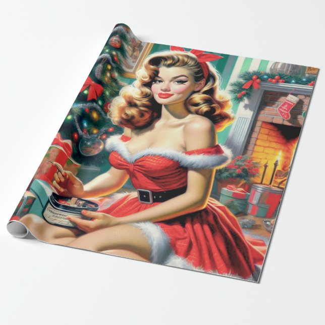 Retro Christmas Pin Up Wrapping Paper (Unrolled)