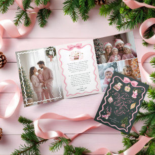 Retro Christmas Pink Ribbon Family Photo Gallery Tri-Fold Holiday Card