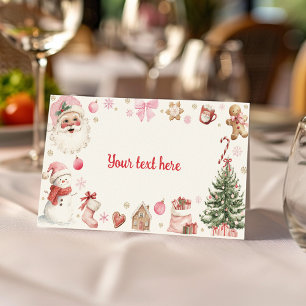 Retro Christmas Pink Santa Birthday Food Tent Place Card