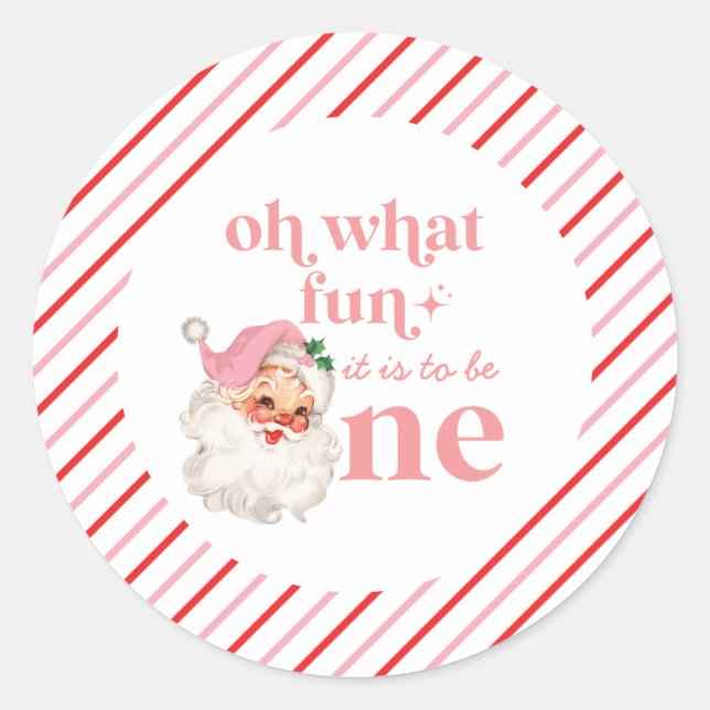 Retro Christmas pink Santa First Birthday Classic Round Sticker (Front)