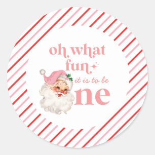 Retro Christmas pink Santa First Birthday Classic Round Sticker