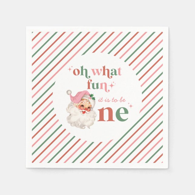 Retro Christmas pink Santa First Birthday Napkin (Front)