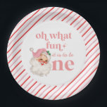 Retro Christmas pink Santa First Birthday Paper Plate<br><div class="desc">Retro Christmas Santa first birthday party with retro style pink santa and pink and red stripes. Oh what fun it is to be one!</div>