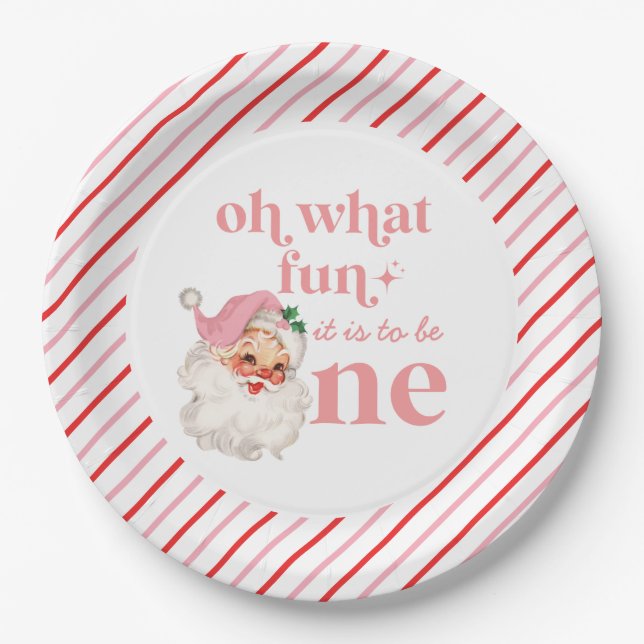 Retro Christmas pink Santa First Birthday Paper Plate (Front)