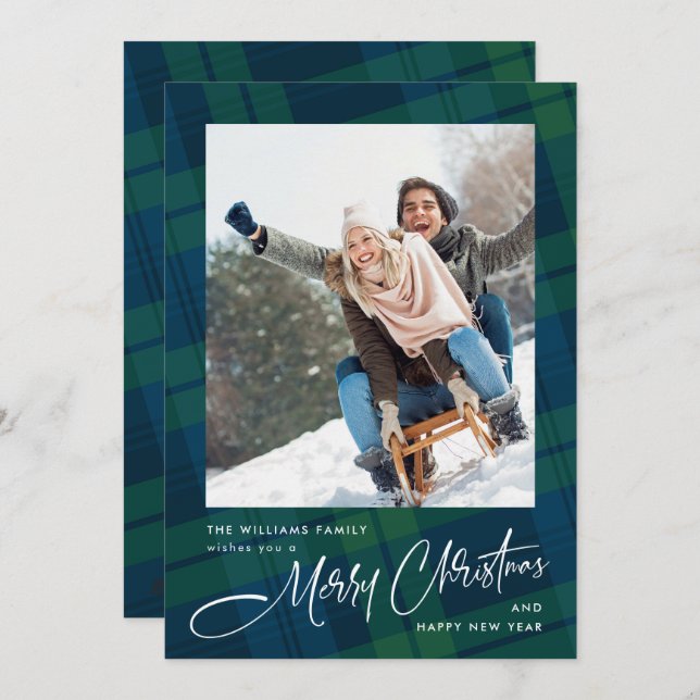 Retro Christmas Plaid 2 Photo Greeting Holiday Card (Front/Back)