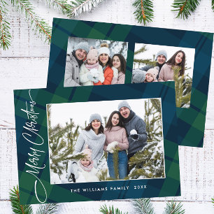 Retro Christmas Plaid 3 Photo Greeting Holiday Card