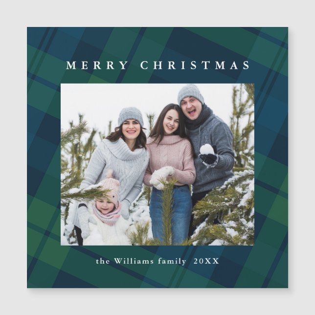 Retro Christmas Plaid PHOTO Magnetic Magnet Card (Front)