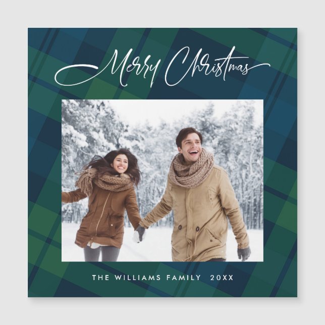 Retro Christmas Plaid PHOTO Magnetic Magnet Card (Front)