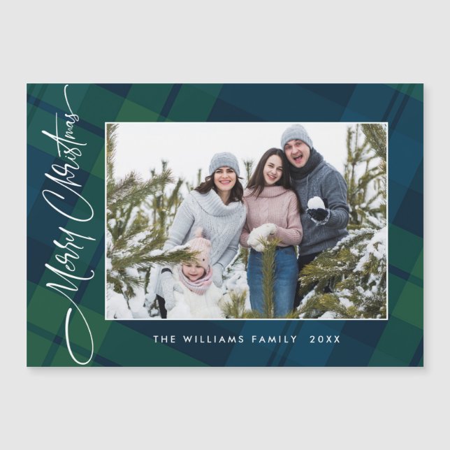 Retro Christmas Plaid PHOTO Magnetic Magnet Card (Front)