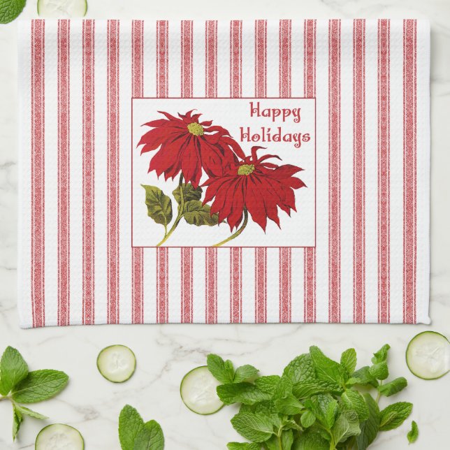 Retro Christmas Poinsettia red and white stripe Tea Towel (Folded)