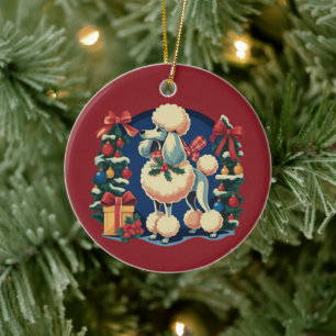 Retro Christmas Poodle Vintage 1950's Holiday Dog Ceramic Tree Decoration