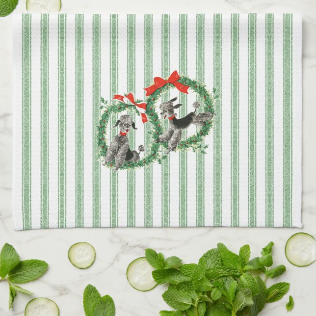 Retro Christmas Poodles green and white stripe Tea Towel (Folded)