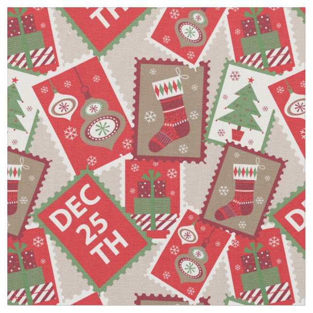 Retro Christmas Postage Stamp Collage Fabric (Close Up)