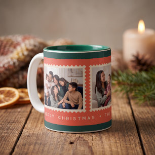 Retro Christmas Postage Stamp Photo Collage Two-Tone Coffee Mug