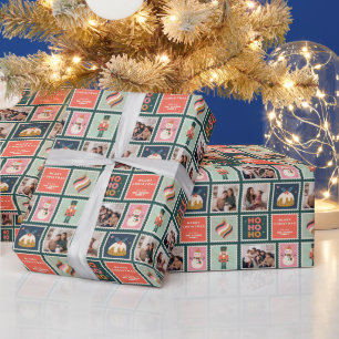 Retro Christmas Postage Stamp Photo Collage Wrapping Paper