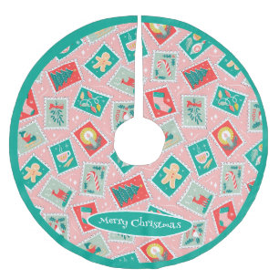 Retro Christmas Postage Stamps Brushed Polyester Tree Skirt
