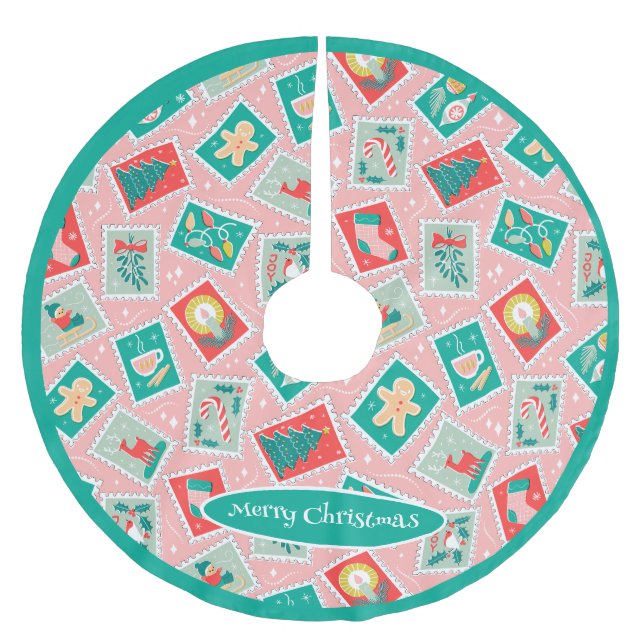 Retro Christmas Postage Stamps Brushed Polyester Tree Skirt (Front)