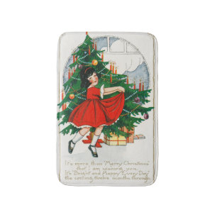 Retro Christmas Postcard, Child and Christmas Tree Bath Mat