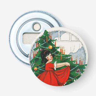 Retro Christmas Postcard, Child and Christmas Tree Bottle Opener