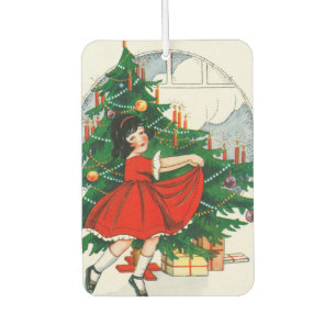 Retro Christmas Postcard, Child and Christmas Tree Car Air Freshener