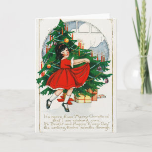 Retro Christmas Postcard, Child and Christmas Tree Card