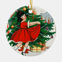Retro Christmas Postcard, Child and Christmas Tree