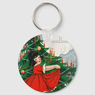 Retro Christmas Postcard, Child and Christmas Tree Key Ring