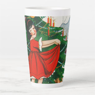 Retro Christmas Postcard, Child and Christmas Tree Latte Mug