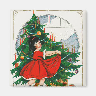 Retro Christmas Postcard, Child and Christmas Tree Magnet