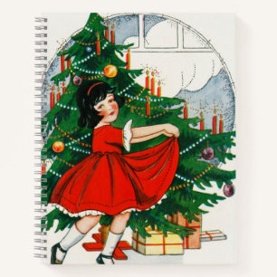 Retro Christmas Postcard, Child and Christmas Tree Notebook