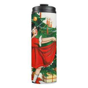 Retro Christmas Postcard, Child and Christmas Tree Thermal Tumbler