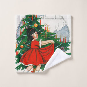 Retro Christmas Postcard, Child and Christmas Tree Wash Cloth