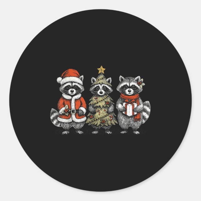 Retro Christmas Raccoons Santa Tree Costume Holida Classic Round Sticker (Front)