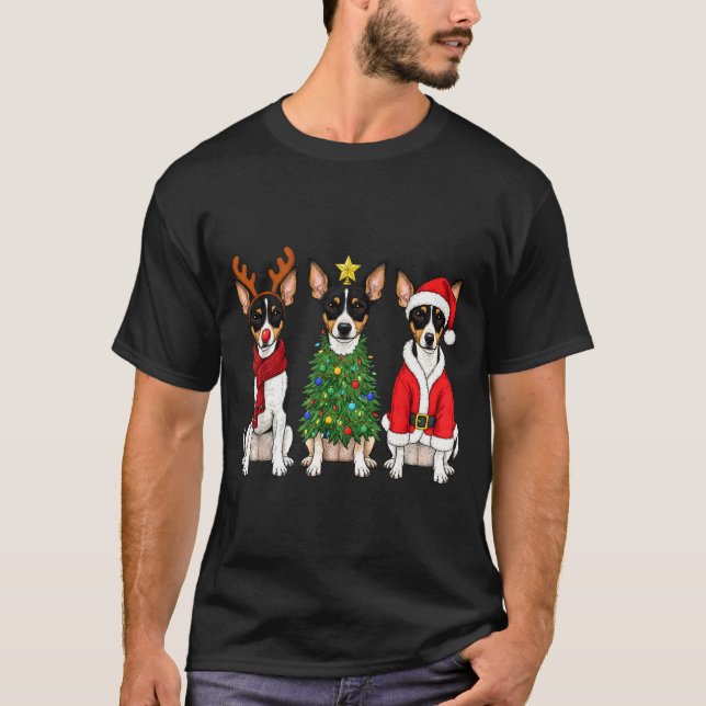 Retro Christmas Rat Terrier Santa Reindeer Dog Lov T-Shirt (Front)