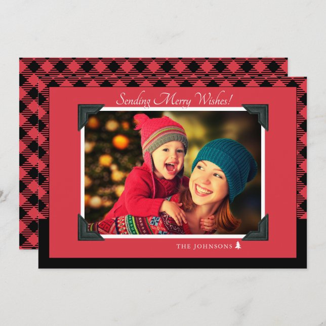 Retro Christmas Red Checkers Pattern Photo Holiday Card (Front/Back)