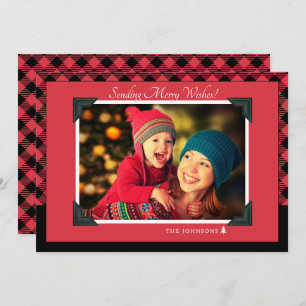 Retro Christmas Red Checkers Pattern Photo Holiday Card