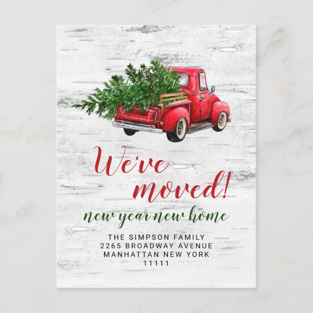 Retro Christmas Red Farm Truck Moving Announcement Postcard (Front)