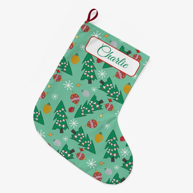 Retro Christmas Red,Green,Pink,Gold Personalised  Large Christmas Stocking (Front (Hanging))