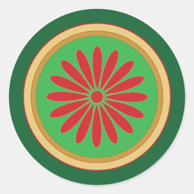 Retro Christmas Red Green Stylised Circle Stickers (Front)