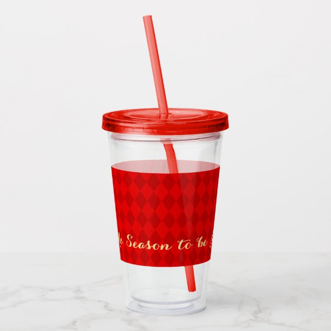 Retro Christmas Red Pattern Tis Season to be Jolly Acrylic Tumbler (Left)