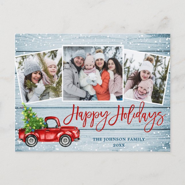 Retro Christmas Red Truck 3 PHOTO Greeting Holiday Postcard (Front)