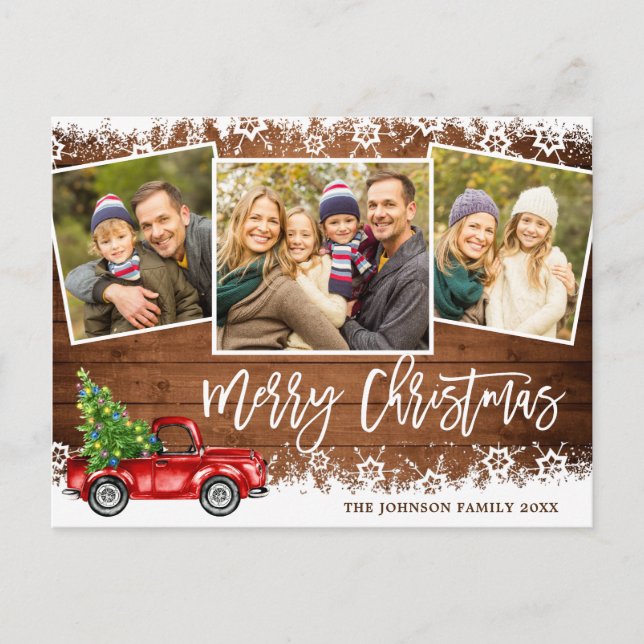 Retro Christmas Red Truck 3 PHOTO Greeting Holiday Postcard (Front)