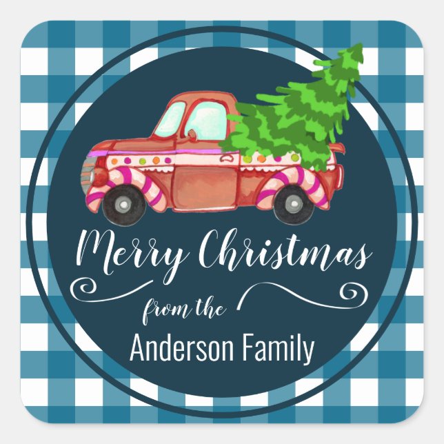 Retro Christmas Red Truck Family Name Square Sticker (Front)